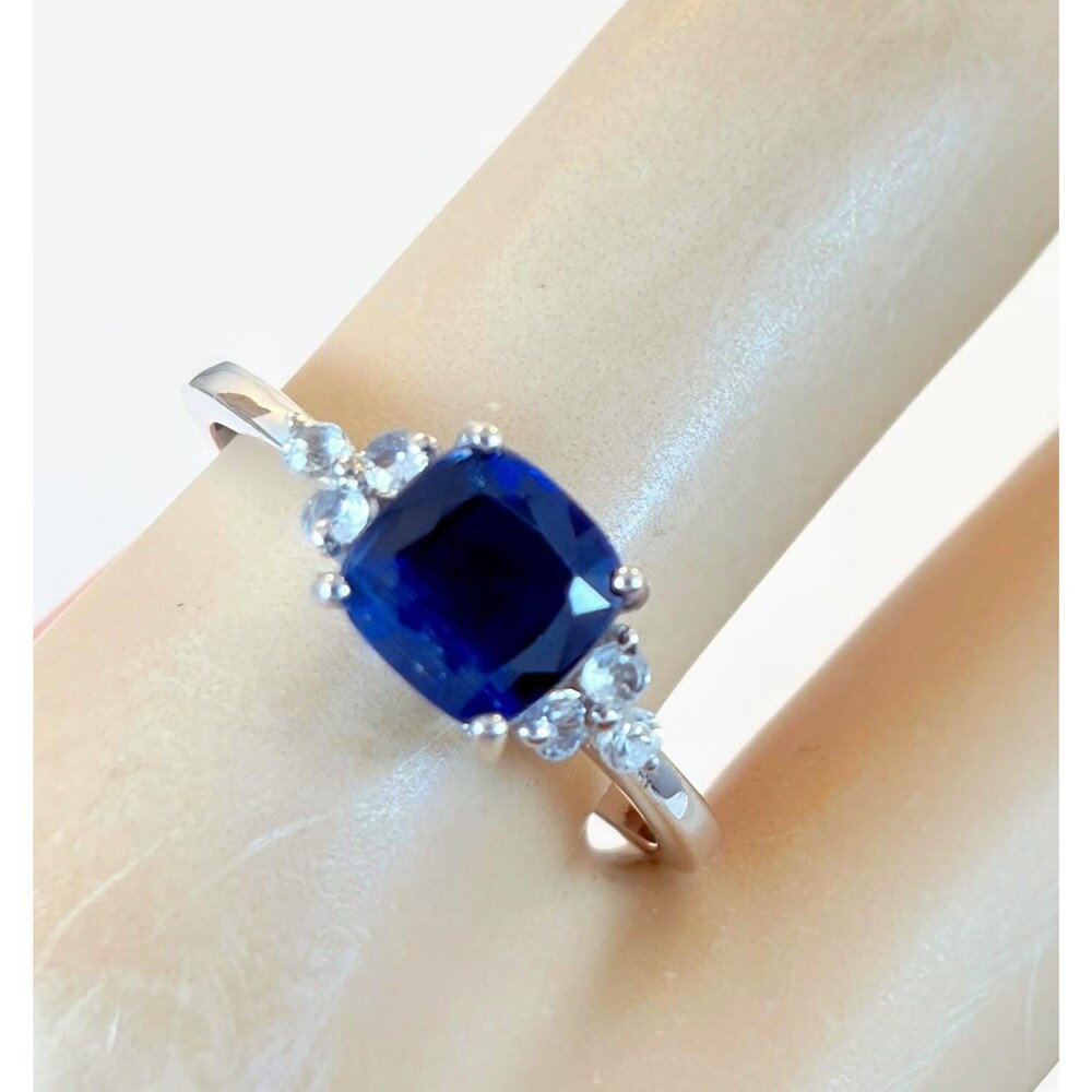 Blue Sapphire Ring, Sterling Silver, Vintage, CZs, Size 9
